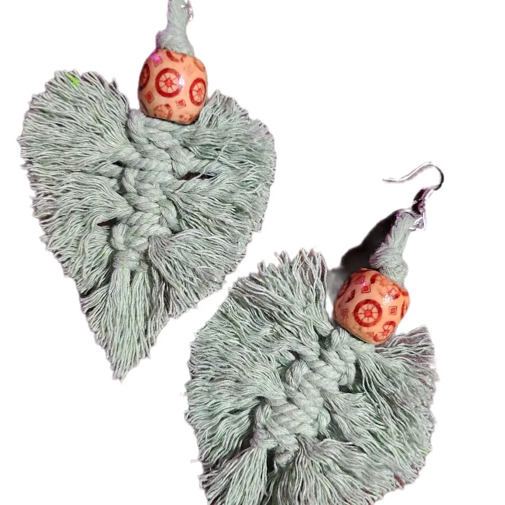 Boho Chic Green Macrame Feather Leaf Earrings with Decorative Beads and Cord