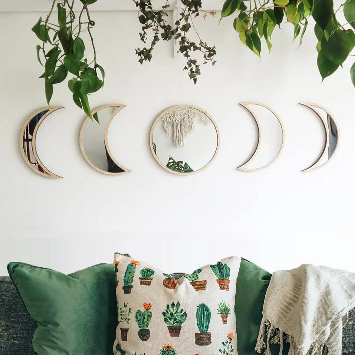 Boho Moon Phase Mirror Set (5-Piece), Scandinavian Acrylic Wall Décor for Living Room & Bedroom ,Chic, Natural, & Reflective Accent, Not Glass