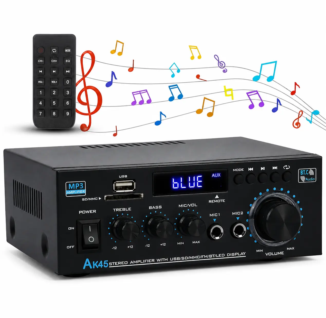 AK45 Bluetooth 5.0 Stereo Amplifier, 2.0 Channel Home Audio Power Receiver with USB, SD Card, RCA, FM Radio, Dual Microphone Inputs & Remote Control for Home Theater, Karaoke, Party