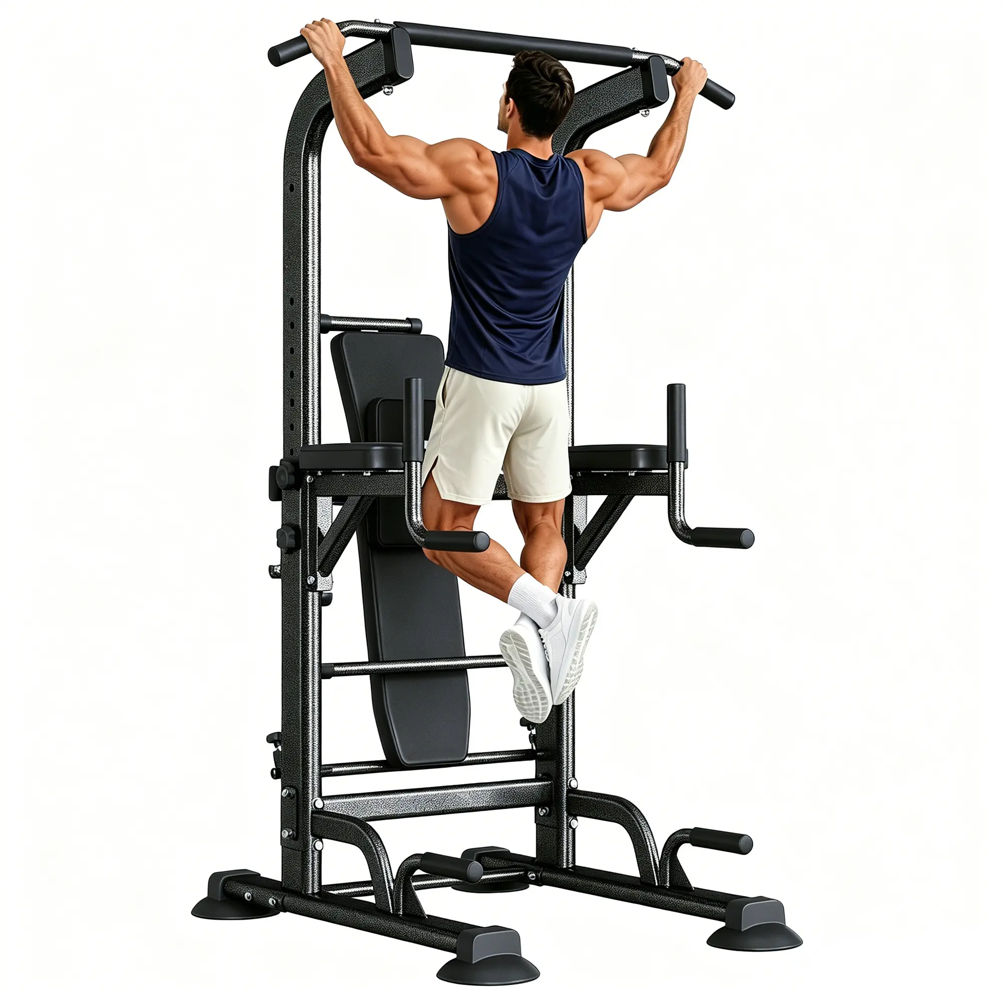 Multi-Functional Power Tower Pull Up Bar Stand with Foldable Weight Bench, 9-Level Adjustable Height Dip Station for Home Gym, Heavy Duty Exercise Equipment for Pull Ups Dips Knee Raises Sit Ups, 71-86 Inch Fitness Rack for Men Women