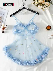 Women's Floral Embroidered Embroidery Appliques Sheer Mesh Sexy Fitted Lingerie Dress, Cute Elegant Chic Criss Cross Straps Cami Nightgown Soft Seductive Nightwear for All Seasons, Ladies Sleepwear for Daily Wear Underwear