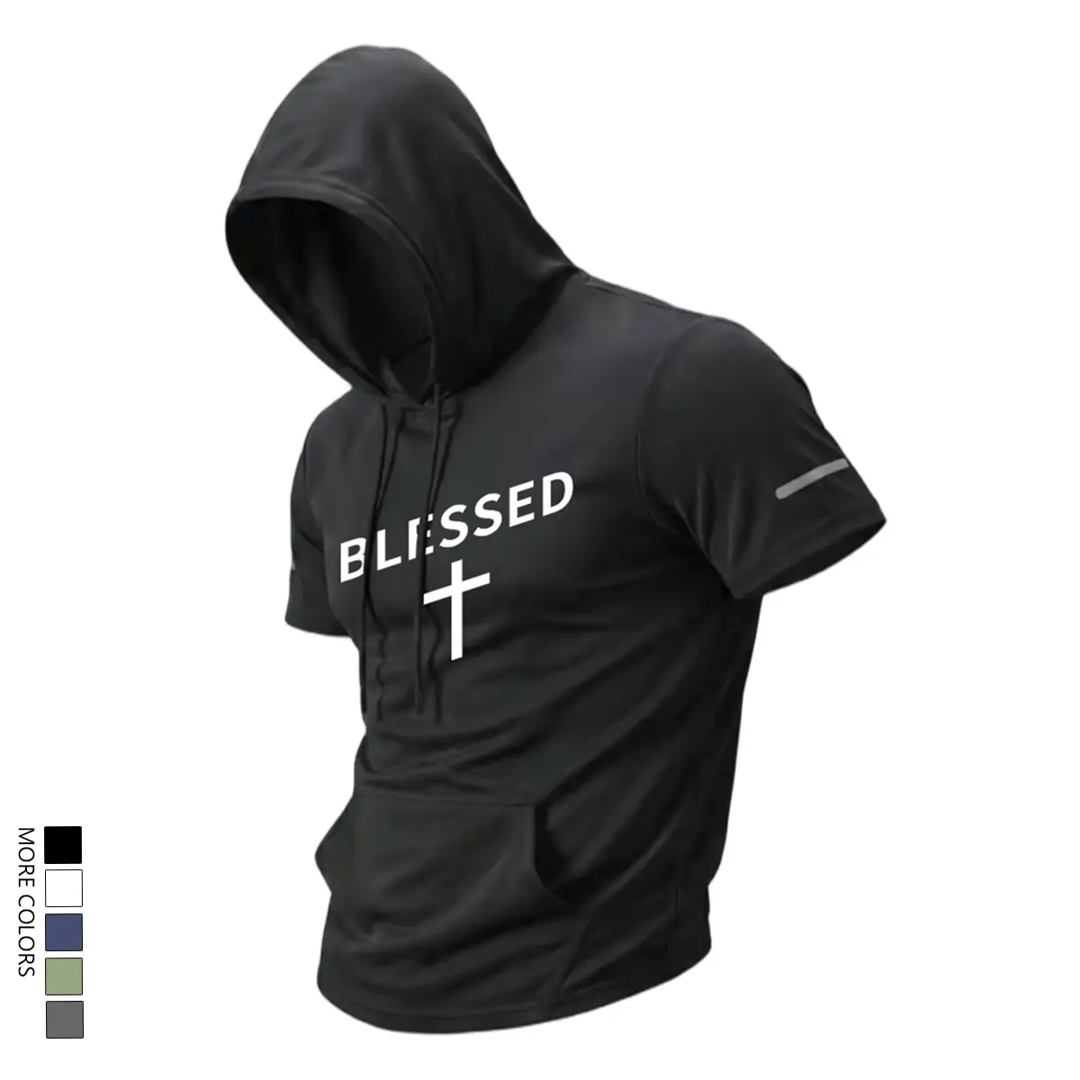 Men’s athletic short-sleeve hoodie with kangaroo pocket design, solid color breathable quick-dry fabric, suitable for running, training, fitness, comfortable everyday wear and casual wear, summer vibe.
