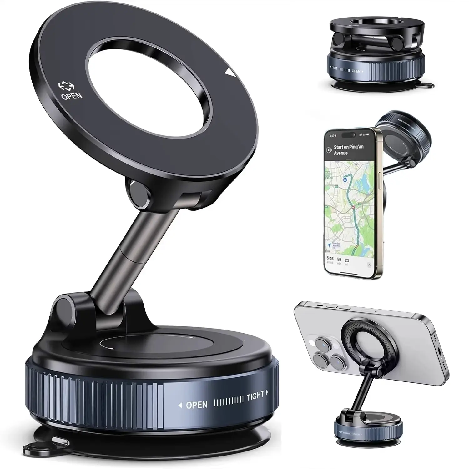 2026 New Strong Magnetic Cell Phone Holder, 360° Adjustable Foldable ABS Plastic Vacuum Cup Mount, Universal Fit Magnetic Ring Compatible Phone Holders & Mounts for Car, Desk, iPhone & Android