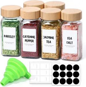 4 oz 6Pcs Glass Spice Jars with Label, Empty Spice Containers with Different color Lids, Square Seasoning Containers Trial and Supplement Set, Small Seasoning Bottles for Salt, Herbs, Sugar, Pepper