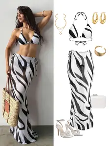 New Bikini Three-Piece Set, Classic Zebra Print, Bold Color Block Lines, High-End Look, Perfect for Beach Pool, Summer Swimsuit Set