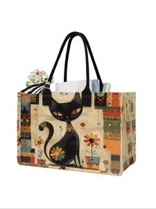 Large Capacity Cat Pattern Storage Bag, Lightweight Casual Shopping Bag, Durable Handle, Space Saving Multi-Purpose, Ideal for School, Travel, Shopping