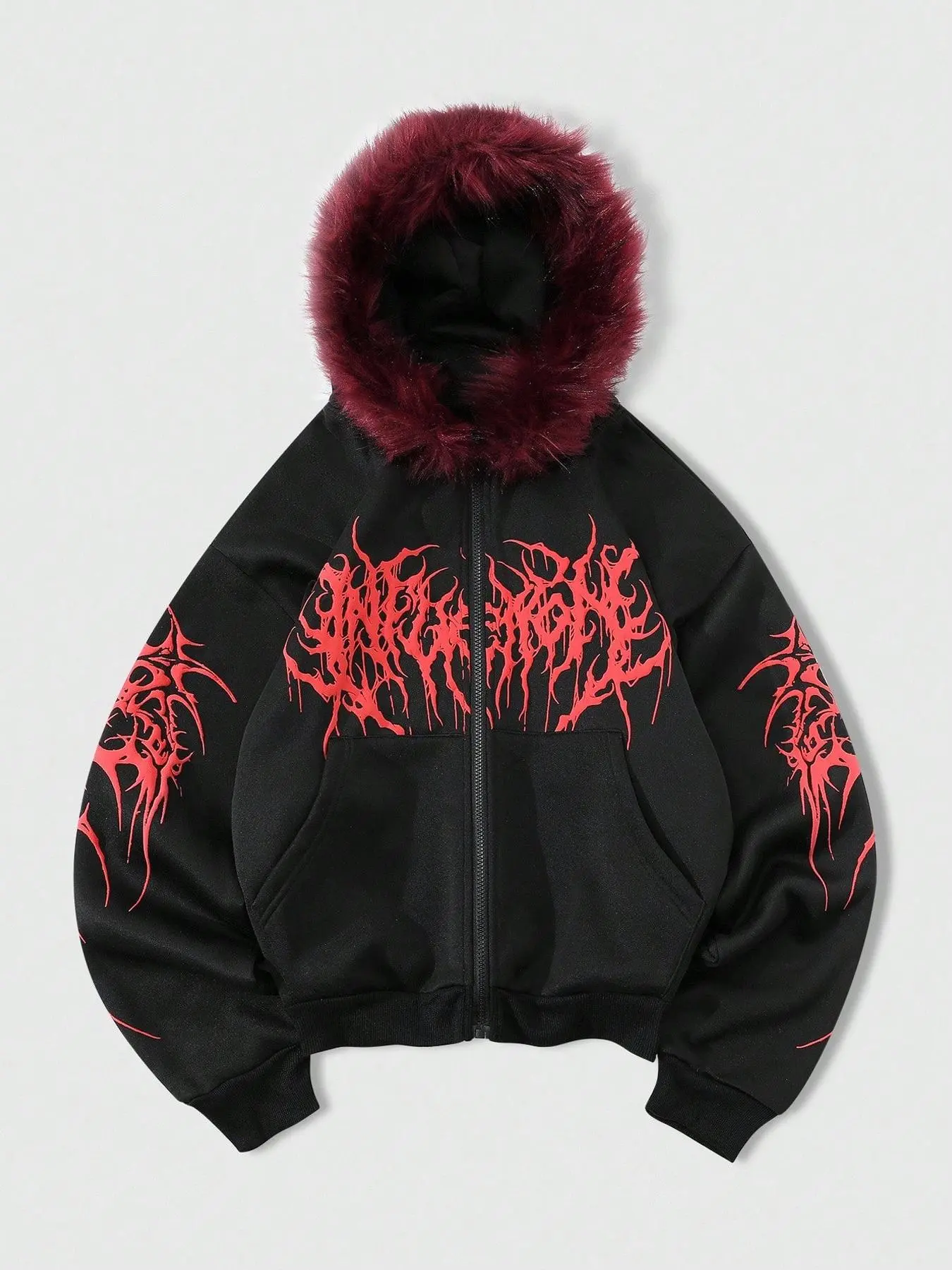 Unisex Gothic Graphic Print Faux Fur Hooded Long Sleeve Jacket, Street Fashion Outerwear, Streetwear Outerwear, Street Dance Hip-Hop Style, Unique Cool Design, Perfect for Campus Outdoor Daily Wear Coats Outerwear
