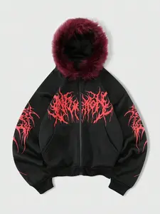Unisex Gothic Graphic Print Faux Fur Hooded Long Sleeve Jacket, Street Dance Hip-Hop Style, Unique Cool Design, Perfect for Campus Outdoor Daily Wear Coats Outerwear