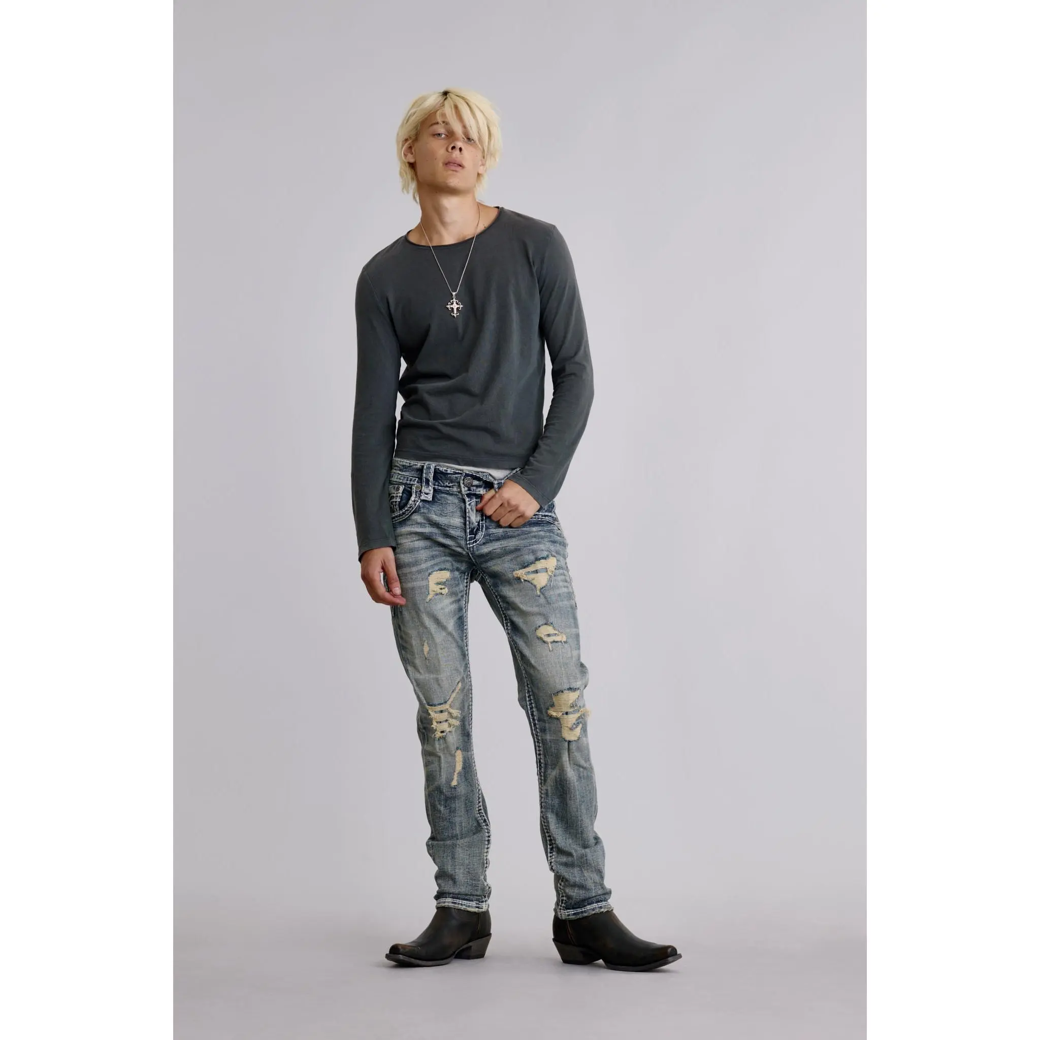 Rock Revival Men's Medium Wash Ernest Alt Straight Fit Decorated High-Stretch Comfortable 5-Pocket Denim Jeans - Distressed, Embroidered, Leather-Accented, Menswear Bottoms, Decorated Men's Jeans, Comfortable Men's Jeans