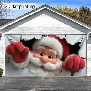 Santa Claus Breaking Through Paper Garage Door Backdrop Banner 2D Printed Design Perfect for Festive Holiday Decorations