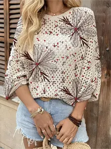 Spring & summer Bohemian Womenswear knit top, round neck, hollow-out batwing sleeves, loose fit. Contrast floral print, lightweight. Great for daily, commute, vacation & beach bikini cover-up.
