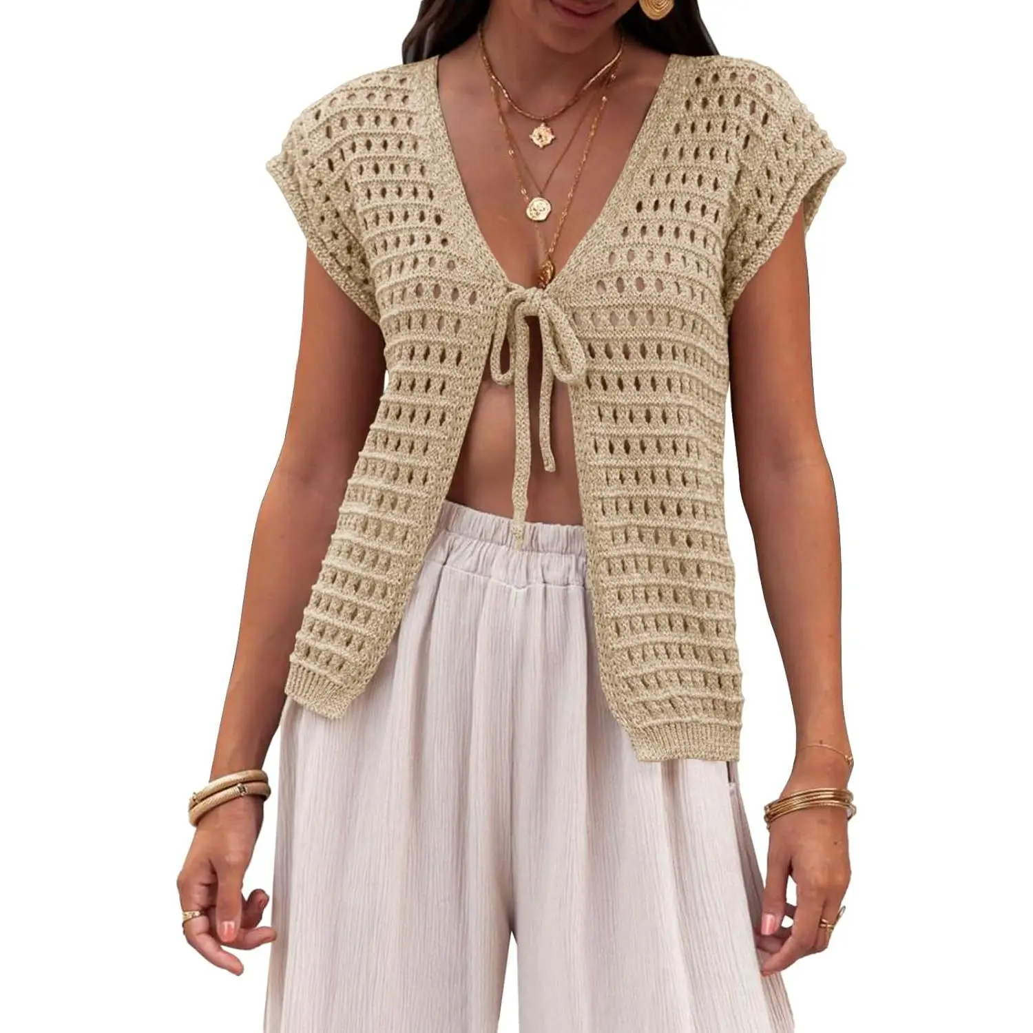 Saodimallsu Womens Tie Crochet Shrug Short Sleeve Open Front Lightweight Knit Cropped Cardigan Sweaters Cover Up for Summer Outfit Clothes Knitwear Casual Knitted Soft Womenswear,back to school,back to school shopping, Shortsleeve, Breathable