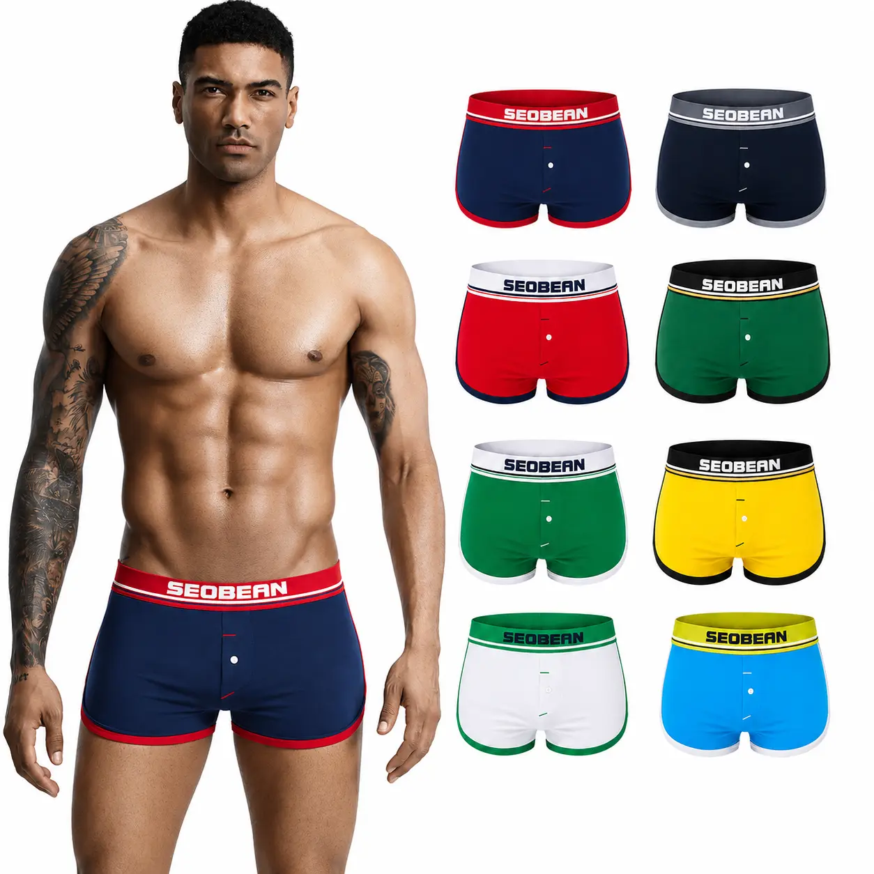 SEOBEAN Men’s Low Rise Trunk Boxer Briefs - Smooth Cotton Spandex Activewear Fabric, Stretch Underwear with Button Fly, Contrast Trim, Short Leg Fit for Daily Wear, Gym-00503