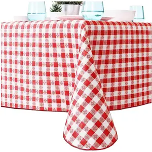 Heavy Duty,  52x90 Vinyl Tablecloth 1 Pack. Wipeable, Red Checkered Gingham Table Cloth for Country BBQs, Picnics or Card Tables.  Square, Oilproof Table Covers with Flannel Backing.