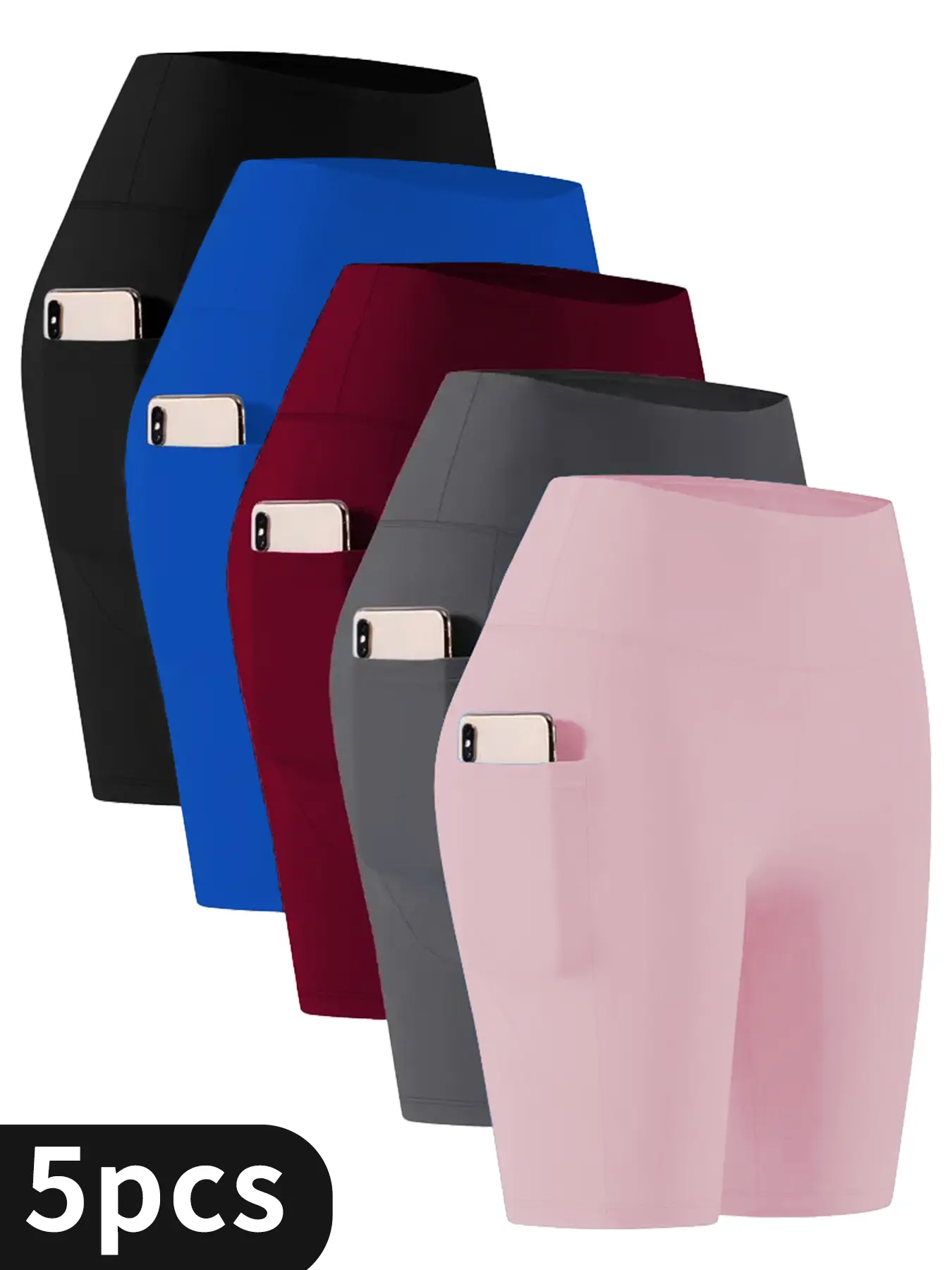 Women's 5-Pack Solid Color High-Waisted Yoga Shorts with Pockets, Squat Proof 4-Way Stretch Seamless Activewear for Butt-Lifting & Fitness, 4-Way Stretch Women's Sports Shorts, Active Shapewear Women's Sports Shorts