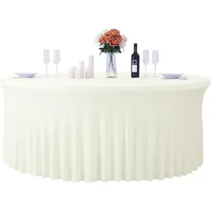 1 Pack Ivory Round Tablecloth for 5FT Tables, 120inch Fitted Spandex Table Cloth with Skirt, Wrinkle Free High-Density Table Cover for Wedding,, Banquet, Event & Vendor Display