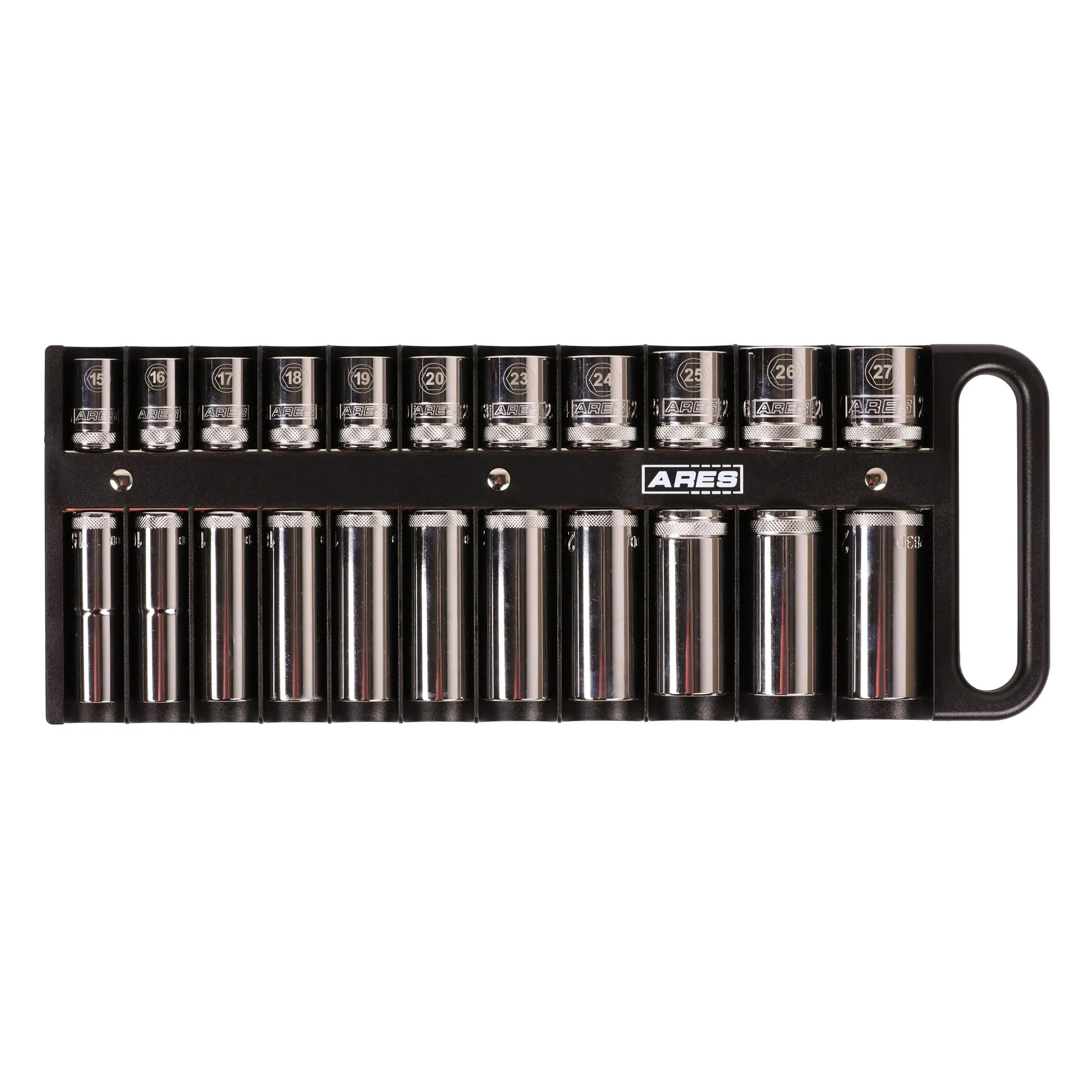 ARES 70220 22-Pc 1/2-In Socket Rail Ares Set with Magnetic Holders for Organizing Multiple Sockets