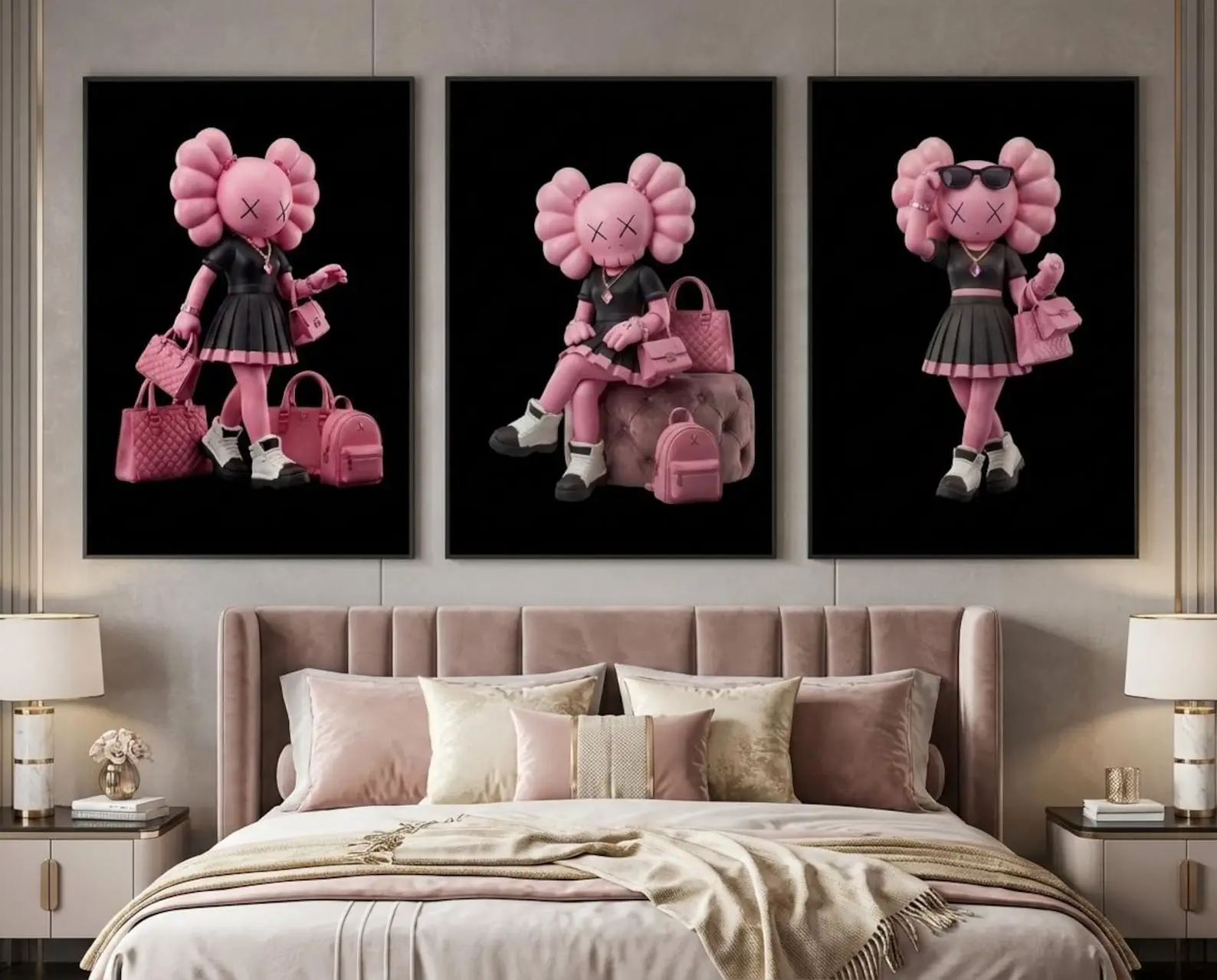 KAWS Graffiti Poster Set of 3,Hypebeast Wall Art,Sneaker Wall Art,KAWS Figure,Minimalist Art,Bedroom Decore,Pink Kaws Toy