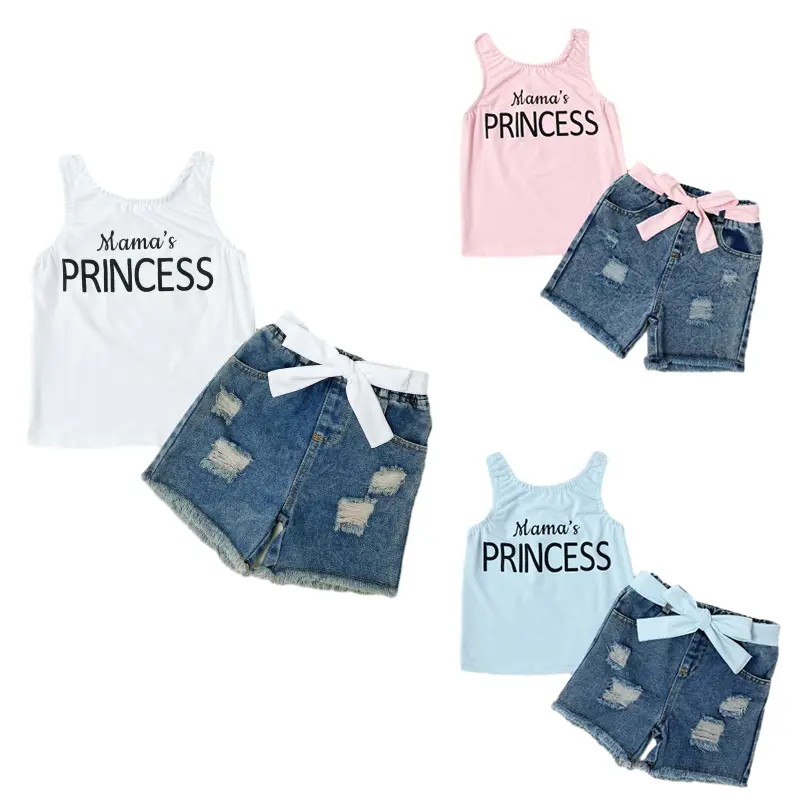 Ready Stock 6M-3Y Baby Girls Mother's Day Oufits Letter Print Sleeveless Tank Tops Belted Ripped Denim Shorts Set 2Pcs Summer Outfits GS112312014 Casu