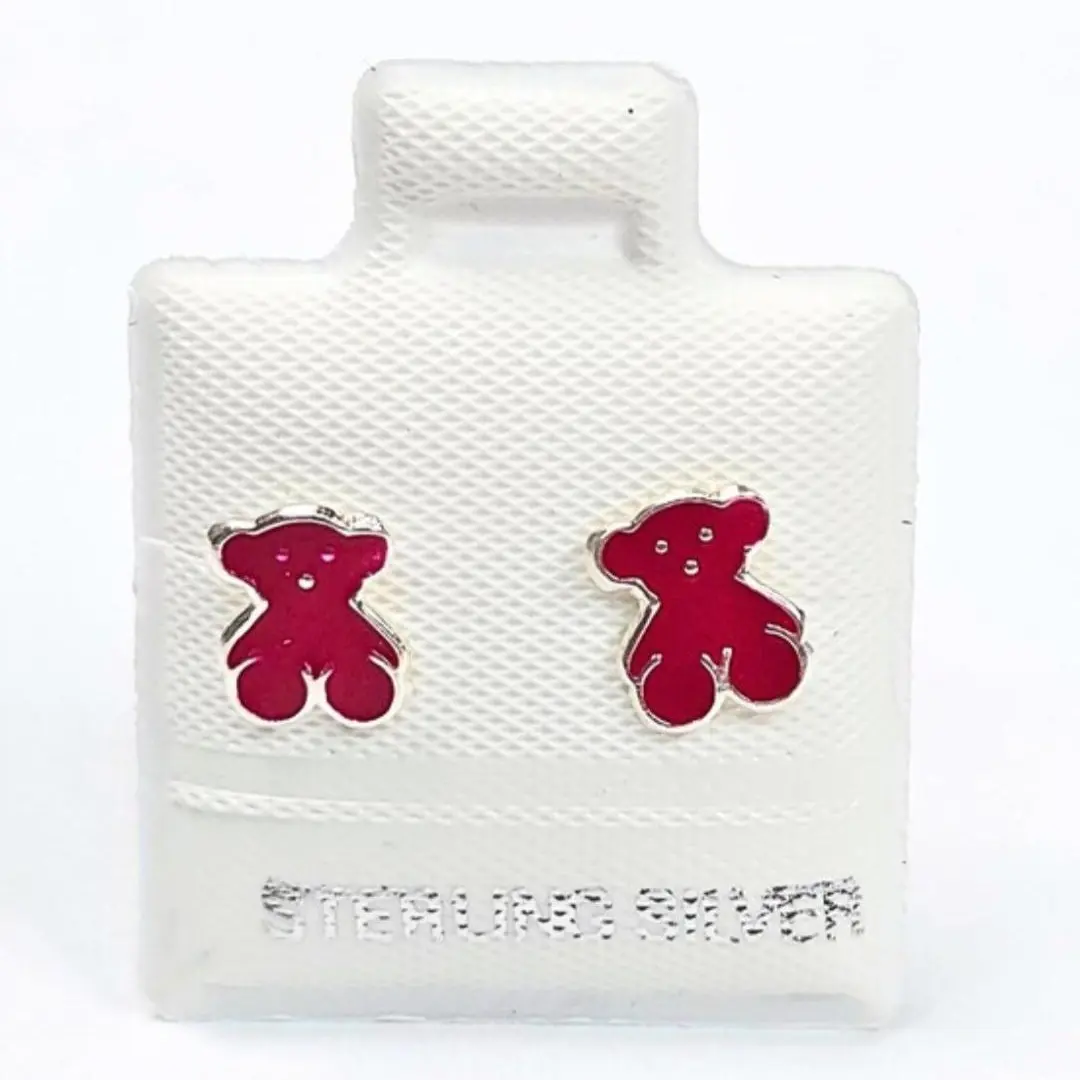 Cute Bear Red Enamel Silver Stud Earrings (8mm) - 925 Sterling Silver