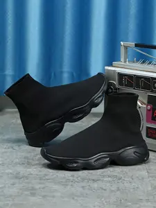 Solid Color Mid Top Platform Sneakers, Casual Sporty Running Shoes, Lightweight Breathable Comfortable Sports Running Shoes, Cozy Sock Boots For Workout Gym, Knitted Running Shoes