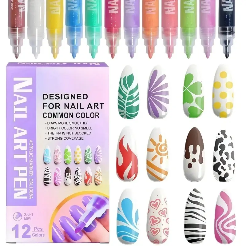12-Color Cosmetic Nail Art Pen Set with 0.6mm Fine Tip - Quick-Dry Waterproof Acrylic Liner Pens for DIY Manicure Designs, Polish Application, Manicure Gift