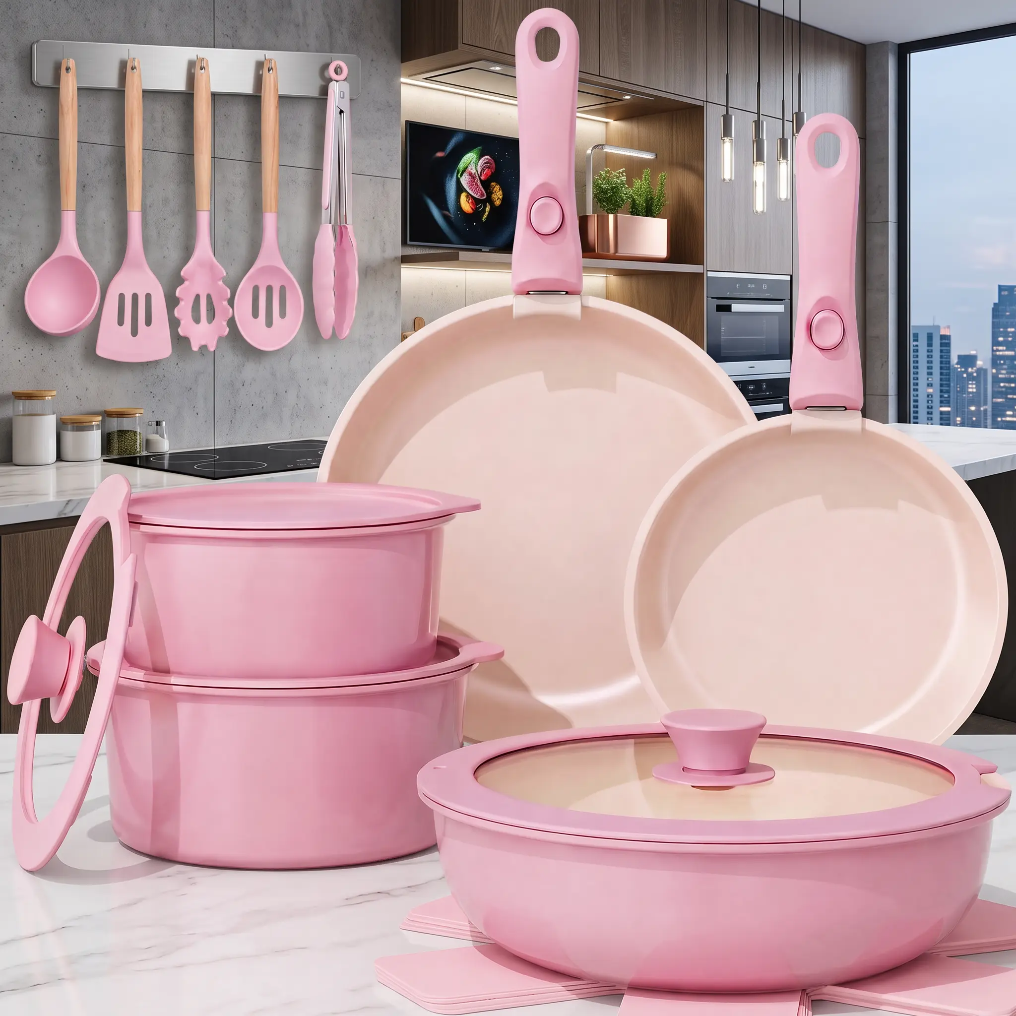 12/19/21PCS Multi-Size Non-Stick Ceramic Coated Cookware Sets - 19-Piece & 21-Piece Pots and Pans Sets with Varied Capacities, Insulated Lids, Frying Pan, Oven Safe, Dishwasher Safe, Induction Compatible, PFOA-Free Nontoxic Cookware for Everyday Cooking