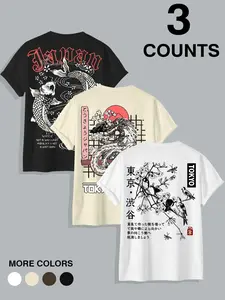 3-Pack Japanese Koi Dragon & Tokyo Graphic T-Shirts, Round Neck, Vibrant Cultural Street Style, Fitted, Soft Washed Premium Cotton, Ideal for Streetwear Fans & Japanese Art Lovers, Daily Urban Outfits, Casual Gatherings