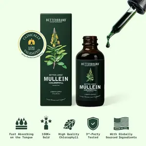 Betterbrand Mullein Leaf & Chlorophyll Drops for LungDetox & Mucus Cleanse 30 Servings Clinically StudiedNatural Liquid Herbal Supplement