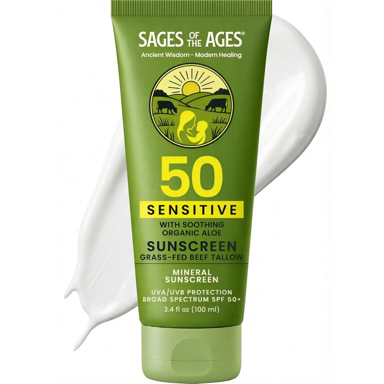 Organic Grass-Fed Tallow Mineral Sunscreen SPF 50 - Non-Toxic, No White Cast, Non-Nano Zinc Oxide, Reef Safe Body Care with Aloe Vera, Moisturizing & Soothing for Face & Body, 3.4 oz