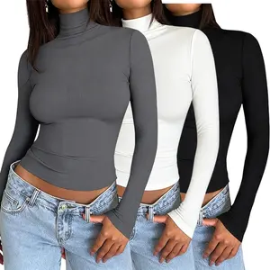 3 Pack Women's Slim Fit Crop Tops - Long Sleeve Crewneck & Turtleneck, Y2K Korean Fashion Basic, Versatile Layering Shirts for Casual Everyday Outfits
