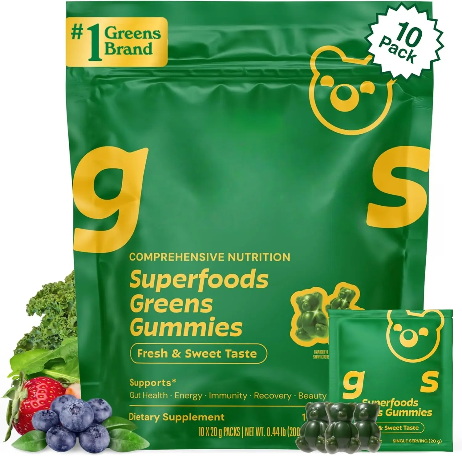 Adult Super Greens Gummies, 10 Pack, Superfood Gummy Bears with Spirulina, Chlorella & Prebiotics for Digestive Health, Adaptogens Supplement with 20 Vitamins & Minerals, Low Sugar