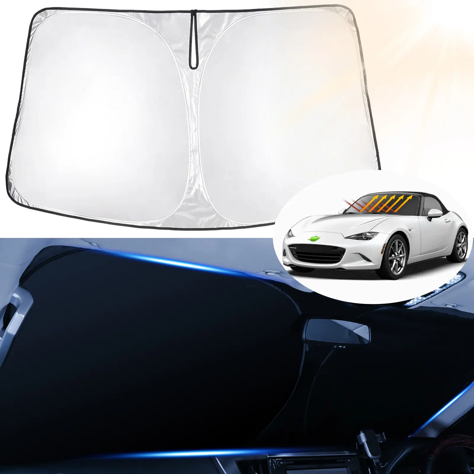 Canvcle Custom Fit Front Window Sun Shade for Mazda MX-5 Miata Convertible 2016-2025, Reflective Double Layer Fabric, 99% UV Blocking Heat Blocker, Elastic Wire, Foldable Car Cooling Energy Efficient Exterior Accessory