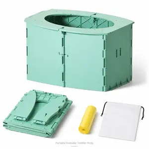 Foldable Compact Travel Potty Seat for 18-24 Months Toddlers - Green BPA-Free PP 14 oz Leak-Proof Portable Potty, 1 Carry Pouch, 1 Roll Disposable Liners for Road Trips, Camping, Home Supplies