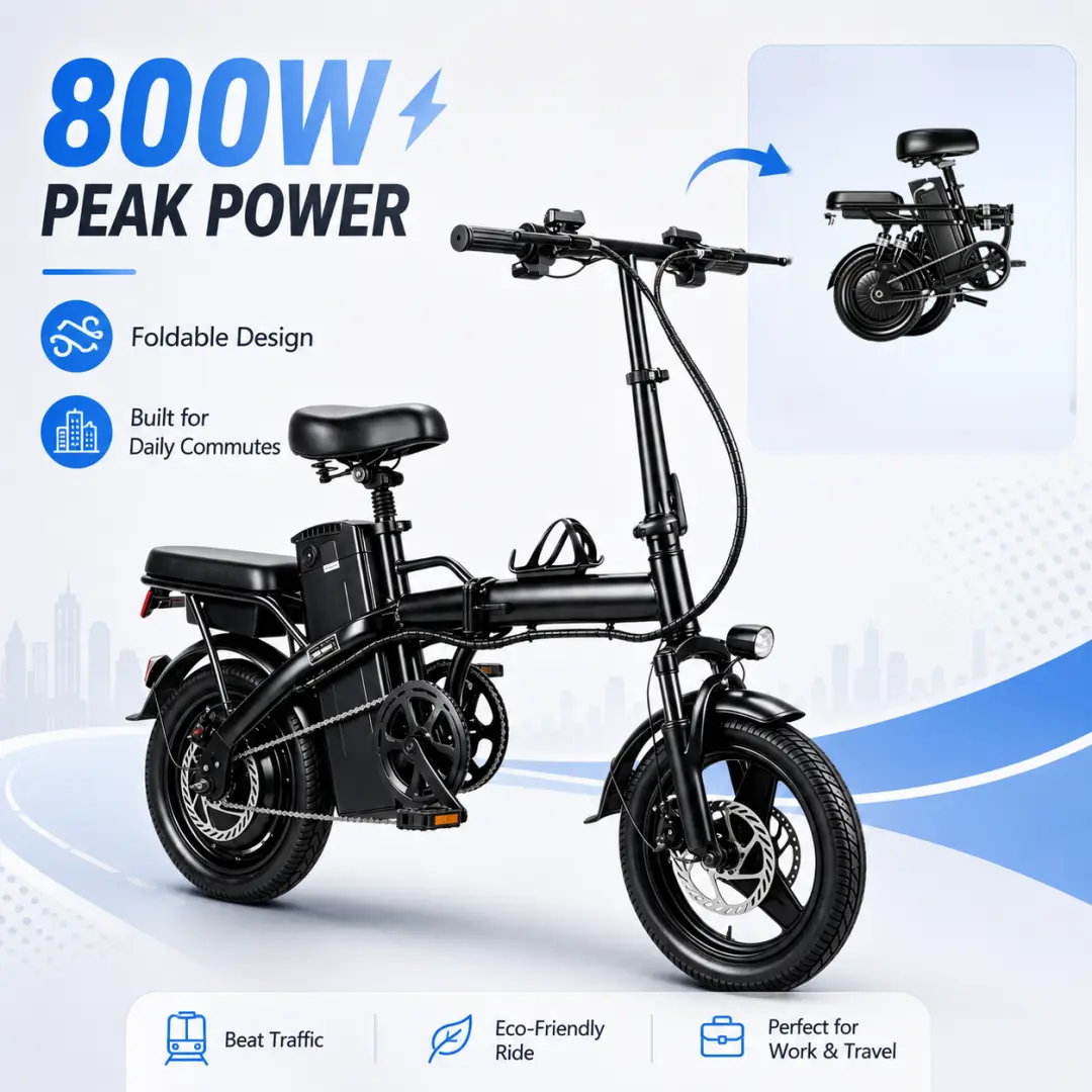 Folding Electric Bike for Adults, Compact Commuter E-Bike, 800W Peak Motor, 50KM Range, Portable Design long-lasting battery