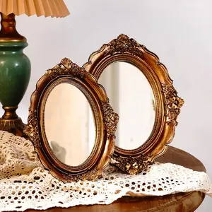 Vintage Oval Shaped Mirror Decoration, Exquisite Retro Decorative Mirror Ornament, Desktop Decoration for Home Living Room Bedroom Dressing Table, Mirror Accessory