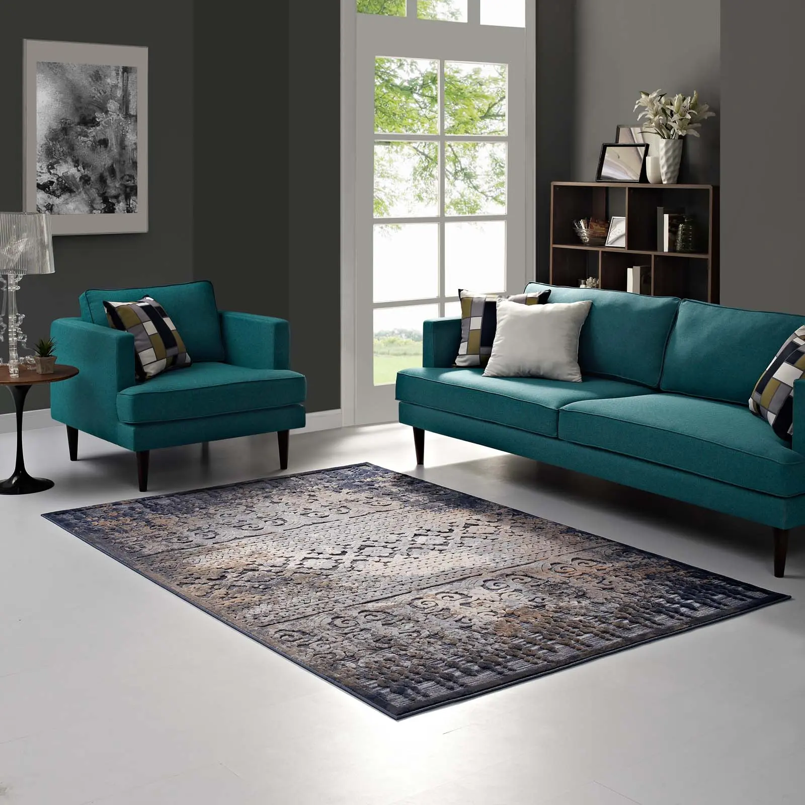 Modway Kalene Distressed Vintage Turkish 5X8 Polypropylene Floral Lattice Low Pile Area Rug - High Traffic Home Decor Rug for Living Room, Blue-Rust-Cream