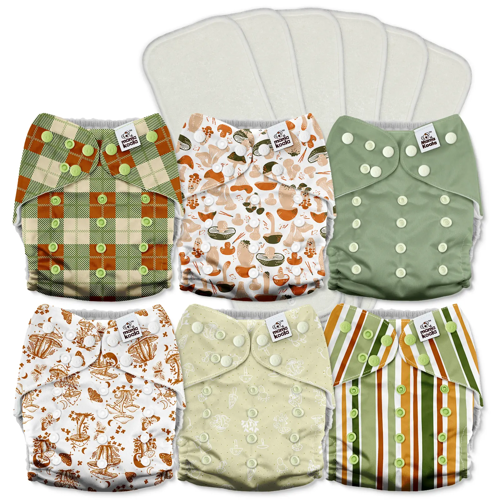 Mama Koala 3.0 Pocket Cloth Diapers for Babies with AWJ Lining, 6 Pack with 6 4-Layer Natural Cloth Diaper Inserts - Reusable and Washable Pocket Diapers(3A0017)