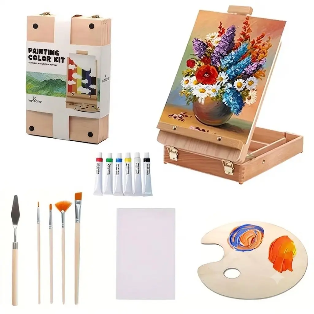 WINSONS Unisex 14-Piece Portable Painting Set with Wooden Tabletop Easel Box, Acrylic Paints, Canvas, Brushes, Palette for Art Supplies Organization, Art Practice (for Teens, Beginners)