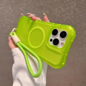 Fluorescence Color Wrist Strap Case For iPhone 16 17 Air 15 14 13 12 11 Pro Max 16 Plus 16E Wireless Charge Magnetic Lanyard Cover Phone Accessory
