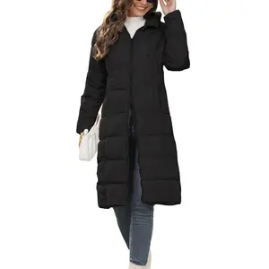 Women'sLongPufferJacketWinterWarmQuiltedCoatLongSleeveZipUpOutwearwithHood Tops Womenswear
