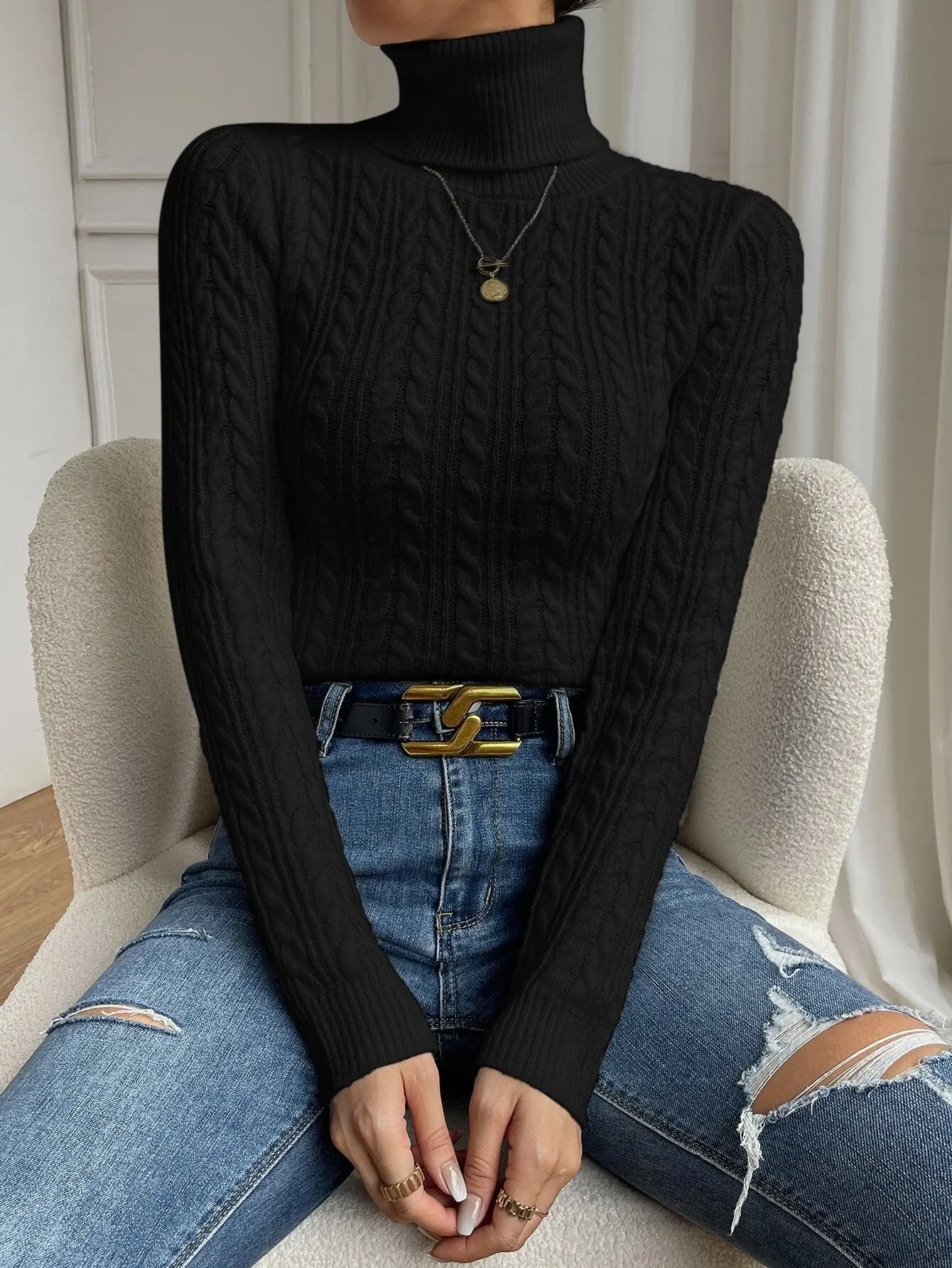 Chunky Knit Turtleneck Sweater, Long Sleeve Top