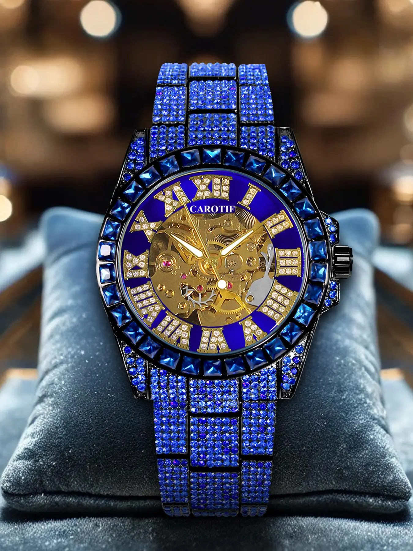 Men's Mechanical Watch with Blue Movement, Luxury Look Hollow Dial with Luminous Gold Roman Numerals, Waterproof Metal Band, Buckle, Analog