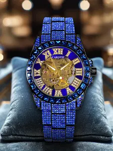 Luxury Mechanical Watch for Men with Modern Round Hollow Dial, Luminous Gold Roman Numerals, and Waterproof Analog Metal Construction
