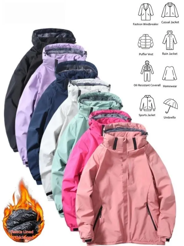 Women's Long Loose-Fit Polyester Trench Coat - Unisex 8-in-1 Multi-Functional Hooded High Neck Outerwear, Fleece-Lined Heavyweight Windproof Waterproof Zip-Adjustable Thermal for Hiking, Commuting