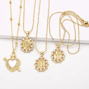 [FLAME] 18K Gold Plated Iced Out Sacred Heart Arrow Pendant Necklace, CZ Halo, Religious Christian Jewelry for Women, Hypoallergenic Bead Chain