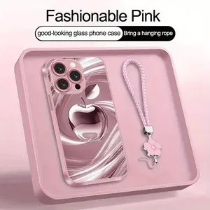 Swirl Apple Series Metal Paint Glass Phone Case with Lanyard for iPhone ProMax/13/13Pro/13ProMax/13Mini/12/12Pro/12ProMax/12mini/11/11ProMax/X/XS/XR/XSMax/7/8 Cute Couple Style Minimalist Lightweight Business Personality Protective Cover