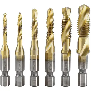 6 Counts Drill Tap Bit Set, Titanium Plated Combination Taps Drill Bit Set, M3 M4 M5 M6 M8 M10 Screw Thread Metal Drilling Tap Bit for One-Step Drilling, Tapping and Deburring.