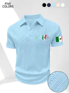Men's Casual Short Sleeve Shirt, Mexican Flag Heartbeat Print Polo, Textured Jacquard Fabric, Ideal for Daily Wear and Business, Knitted Polo Shirt