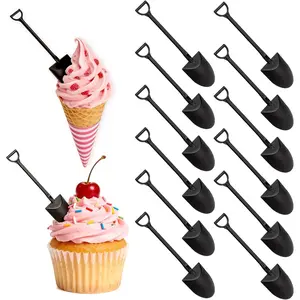 60 Pcs Black Mini Shovel Spoons Disposable Plastic Shovel Shape Spoon for Icecream Cupcake Desserts Pudding Halloween Birthday Party Decoration